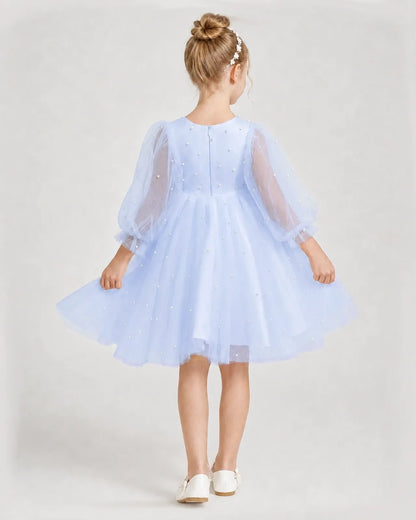 Dideyttawl Pearl Tulle Girl Formal Dress with Puff Sleeves