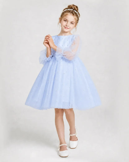 Dideyttawl Pearl Tulle Girl Formal Dress with Puff Sleeves