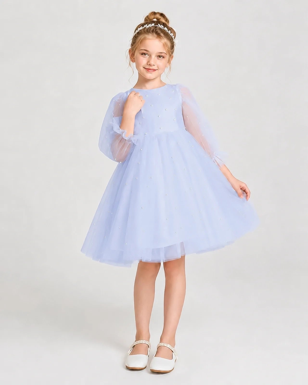 Dideyttawl Pearl Tulle Girl Formal Dress with Puff Sleeves