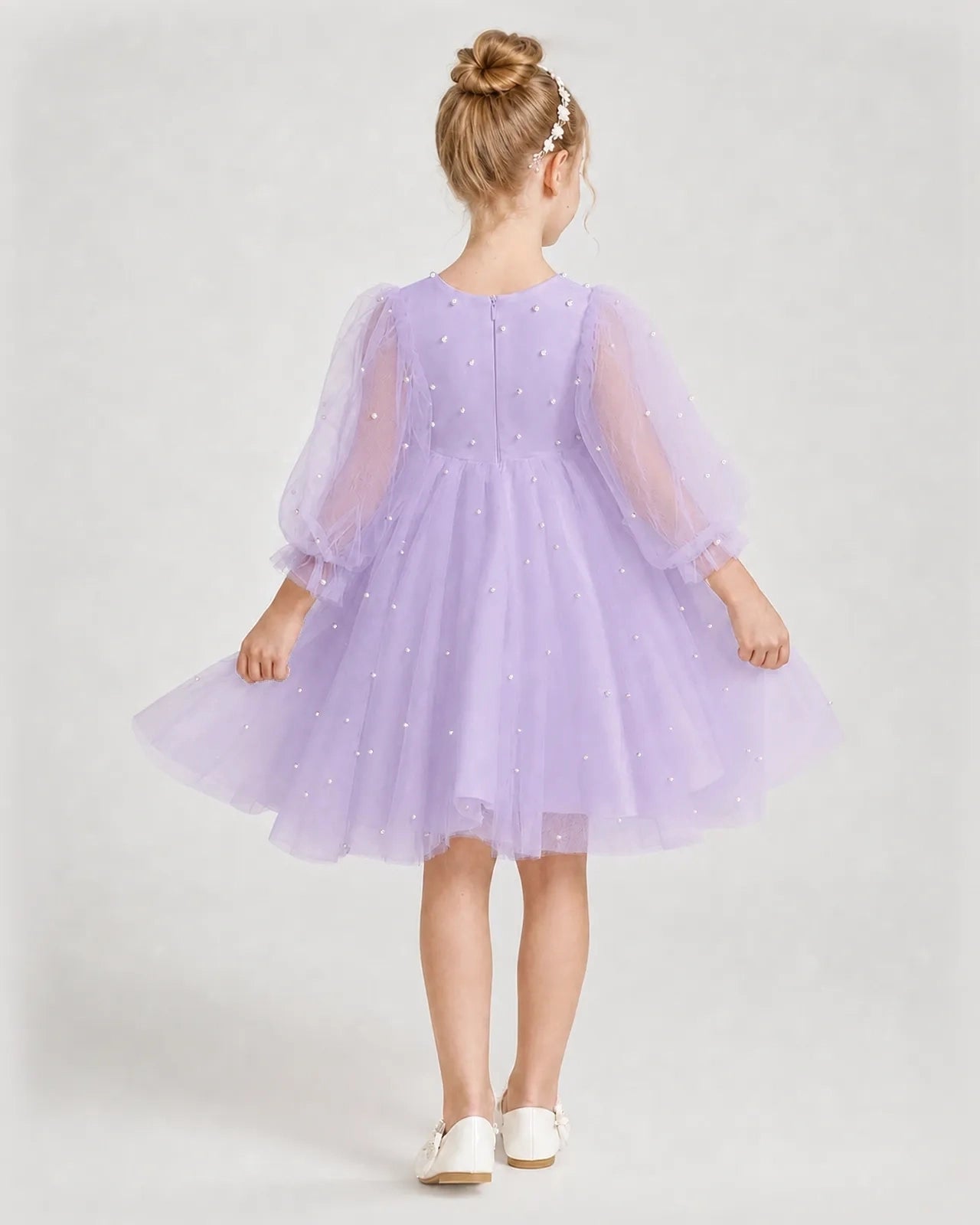 Dideyttawl Pearl Tulle Girl Formal Dress with Puff Sleeves