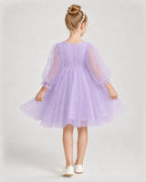 Lilac Tulle Puff Sleeve Girls Formal Dresses Back View