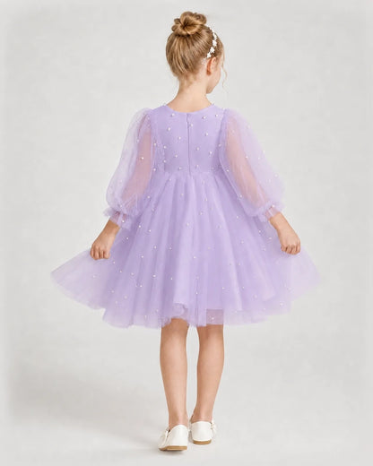 Dideyttawl Pearl Tulle Girl Formal Dress with Puff Sleeves