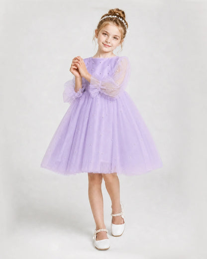 Dideyttawl Pearl Tulle Girl Formal Dress with Puff Sleeves