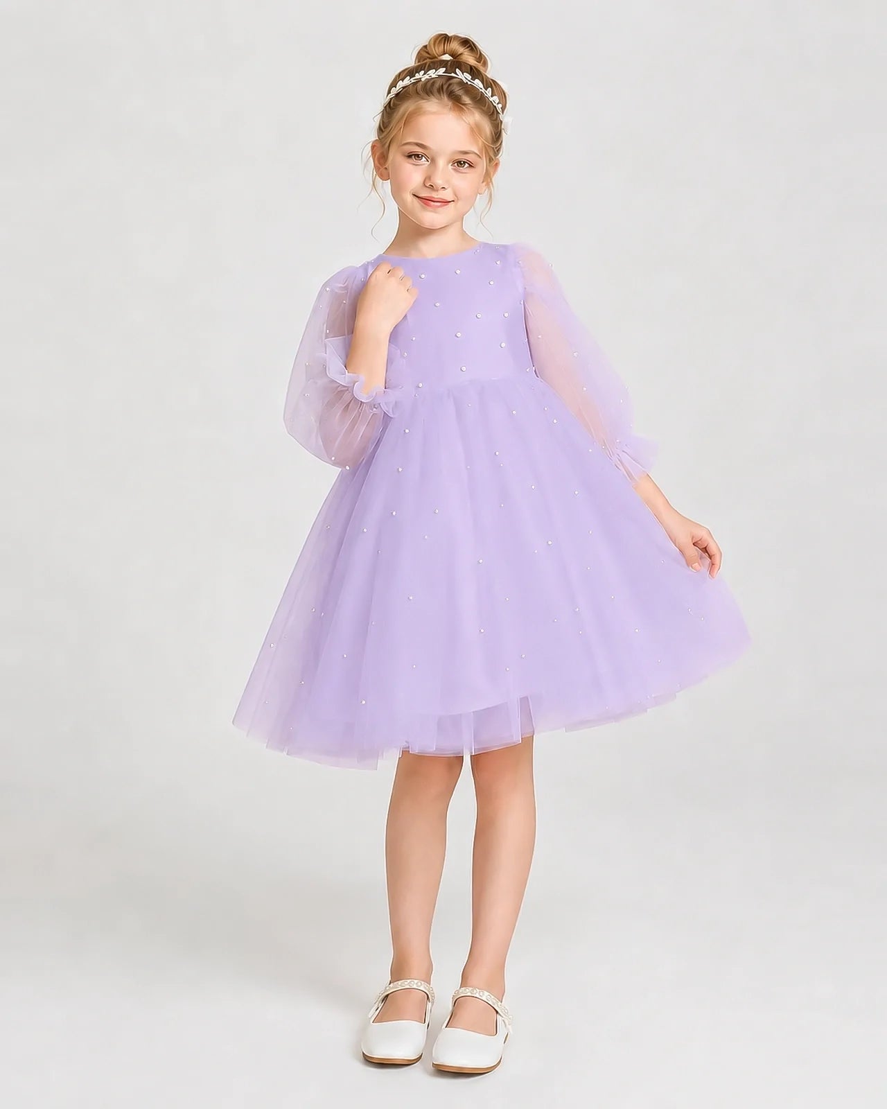 Dideyttawl Pearl Tulle Girl Formal Dress with Puff Sleeves