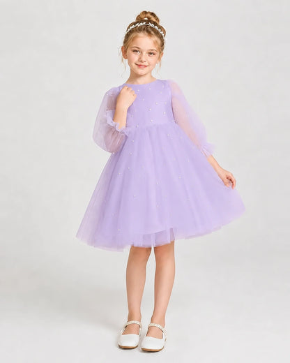 Dideyttawl Pearl Tulle Girl Formal Dress with Puff Sleeves