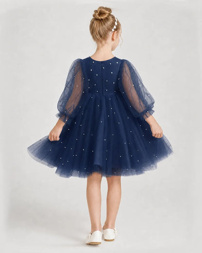 Dideyttawl Pearl Tulle Girl Formal Dress with Puff Sleeves