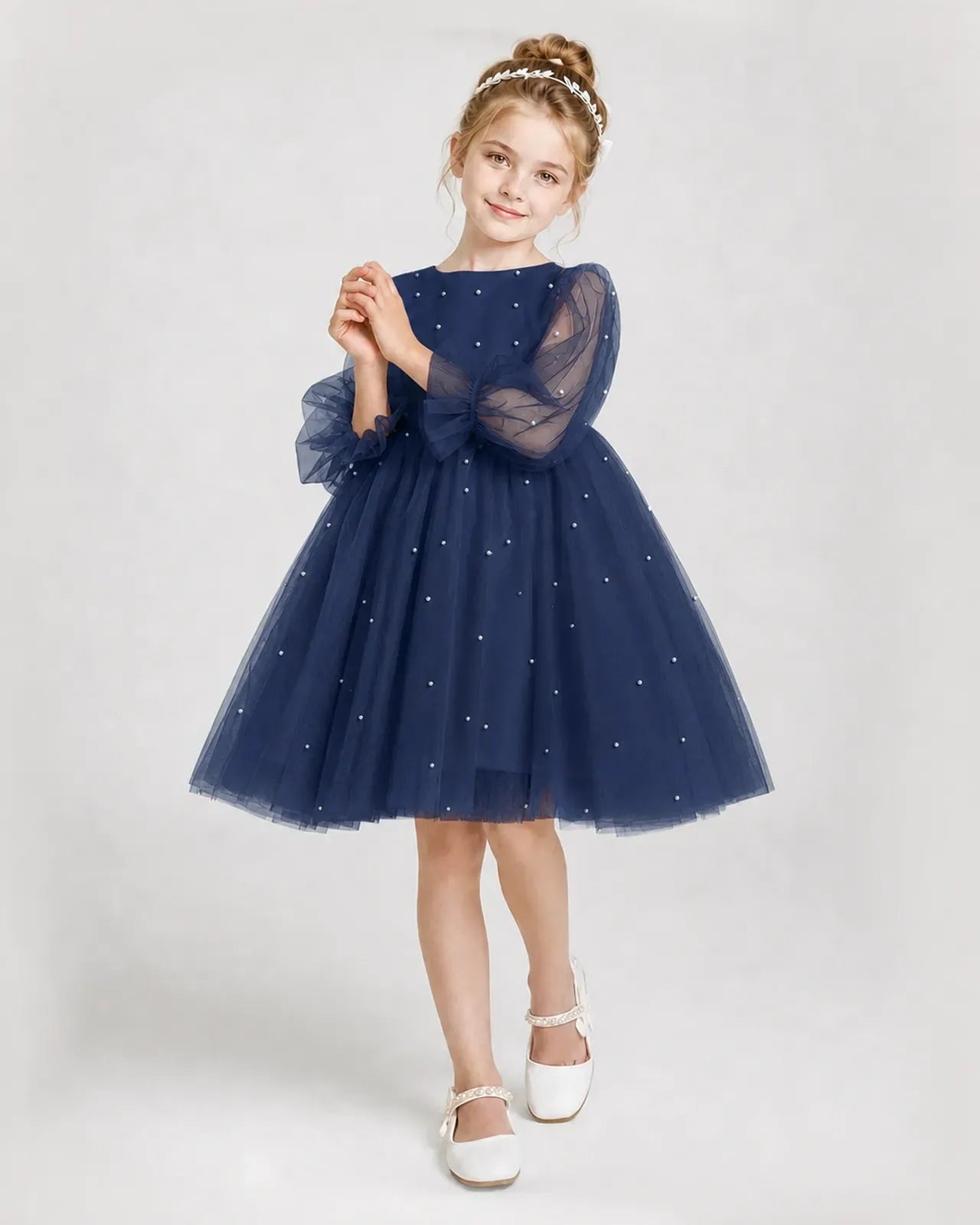 Dideyttawl Pearl Tulle Girl Formal Dress with Puff Sleeves