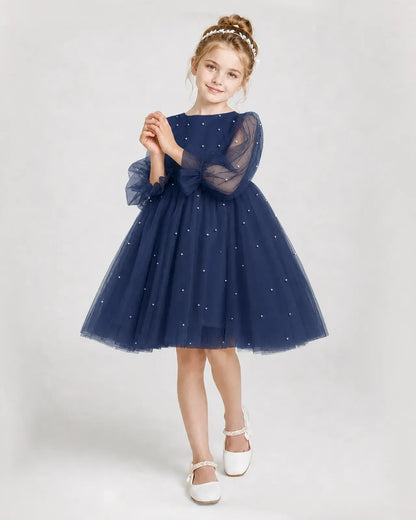 Dideyttawl Pearl Tulle Girl Formal Dress with Puff Sleeves