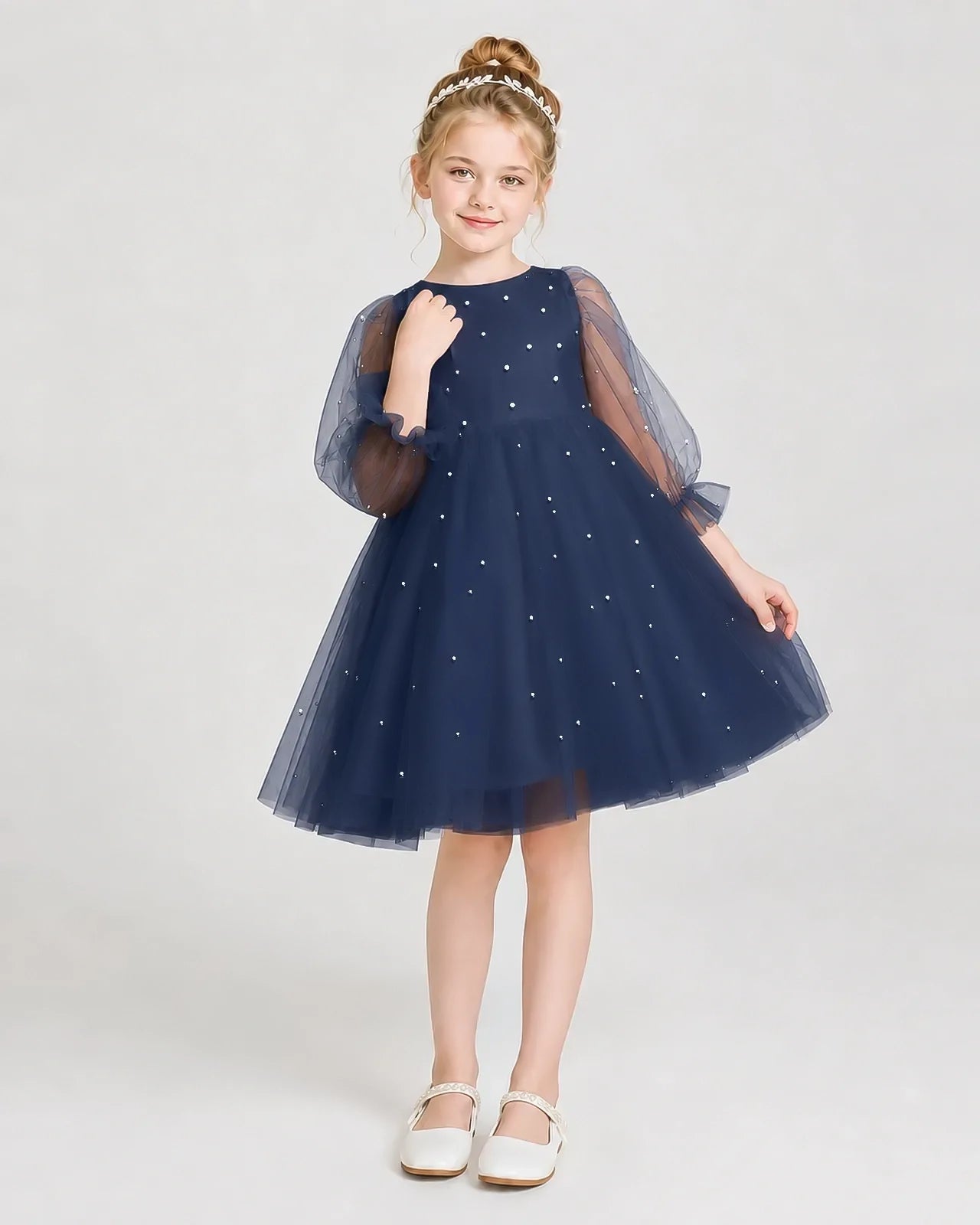 Dideyttawl Pearl Tulle Girl Formal Dress with Puff Sleeves