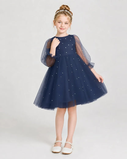 Dideyttawl Pearl Tulle Girl Formal Dress with Puff Sleeves