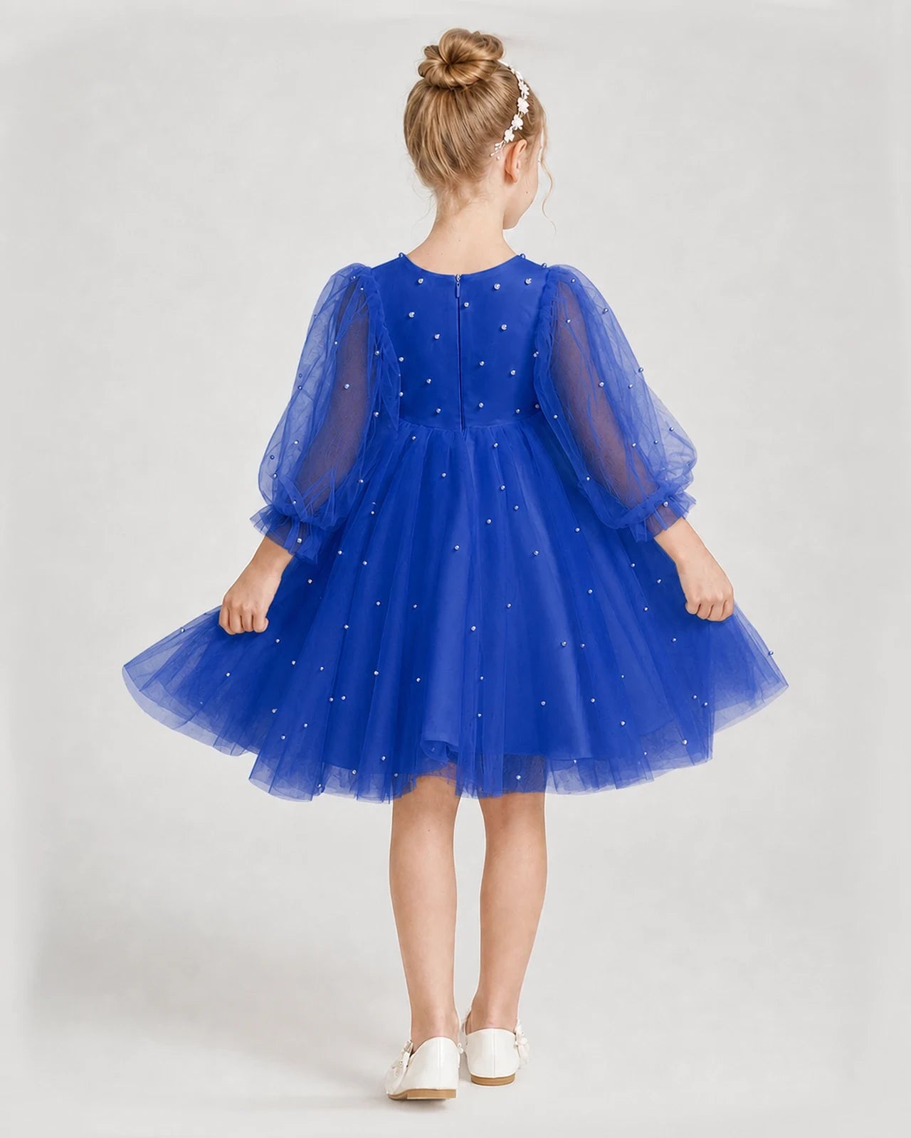 Dideyttawl Pearl Tulle Girl Formal Dress with Puff Sleeves