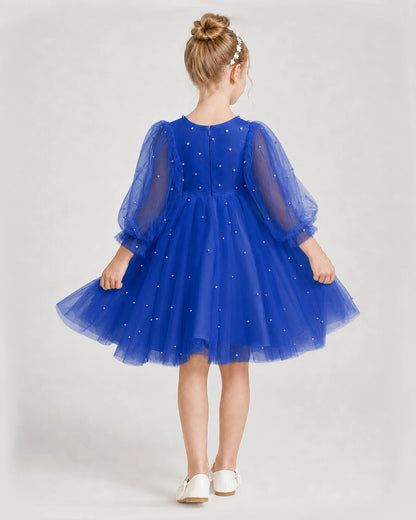 Dideyttawl Pearl Tulle Girl Formal Dress with Puff Sleeves
