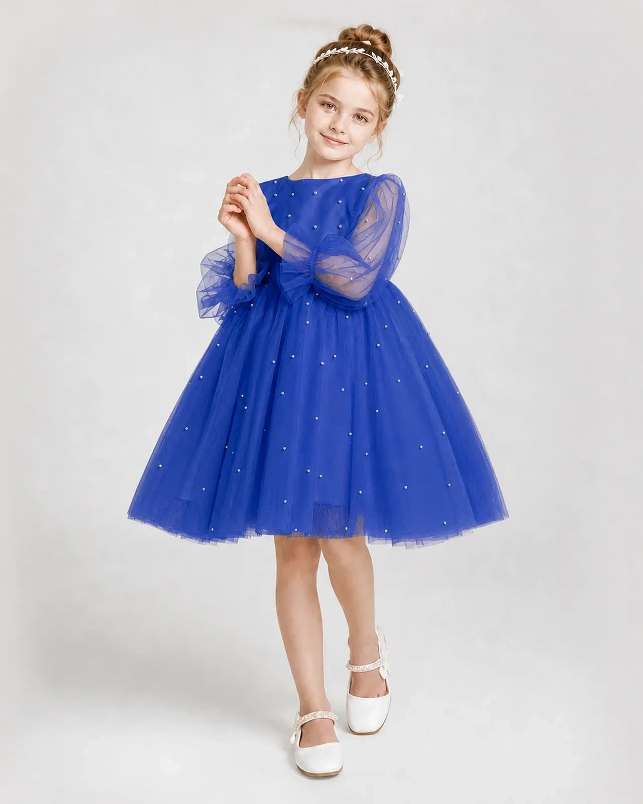 Dideyttawl Pearl Tulle Girl Formal Dress with Puff Sleeves