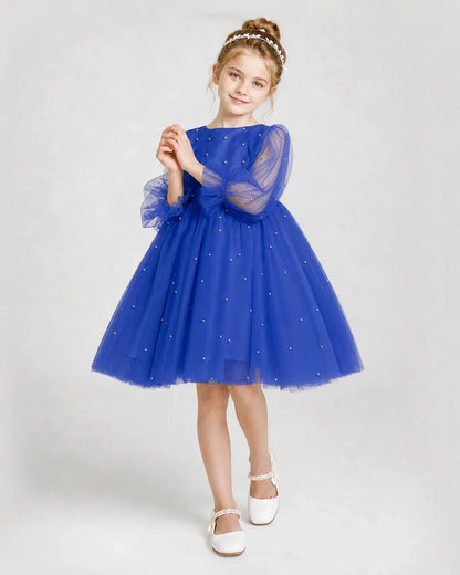 Dideyttawl Pearl Tulle Girl Formal Dress with Puff Sleeves