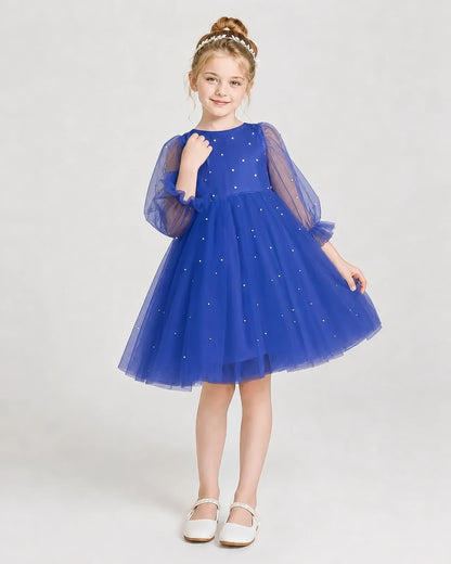 Dideyttawl Pearl Tulle Girl Formal Dress with Puff Sleeves