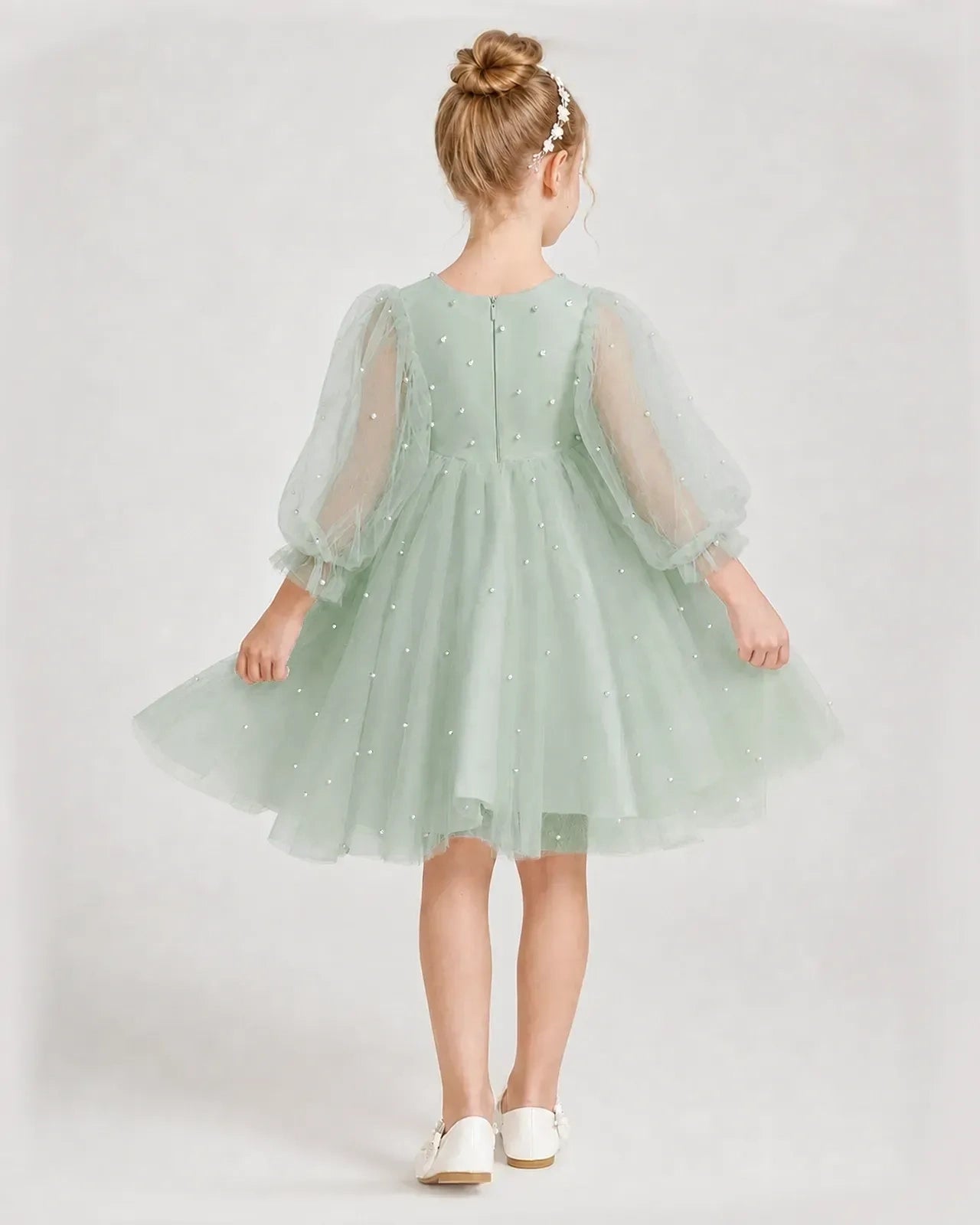 Dideyttawl Pearl Tulle Girl Formal Dress with Puff Sleeves