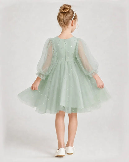 Dideyttawl Pearl Tulle Girl Formal Dress with Puff Sleeves