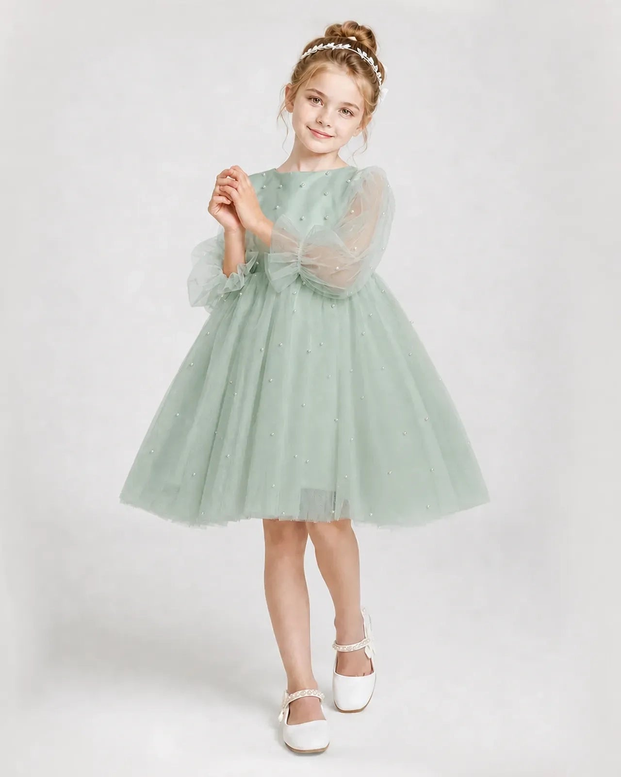 Dideyttawl Pearl Tulle Girl Formal Dress with Puff Sleeves