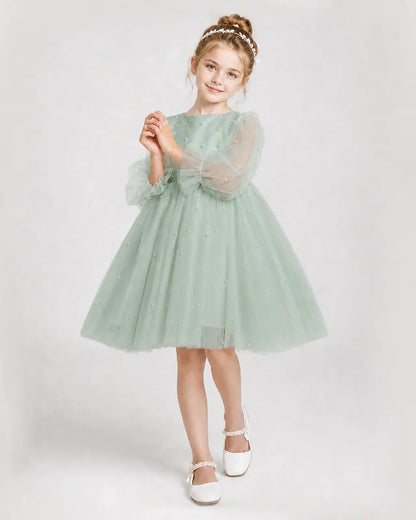 Dideyttawl Pearl Tulle Girl Formal Dress with Puff Sleeves