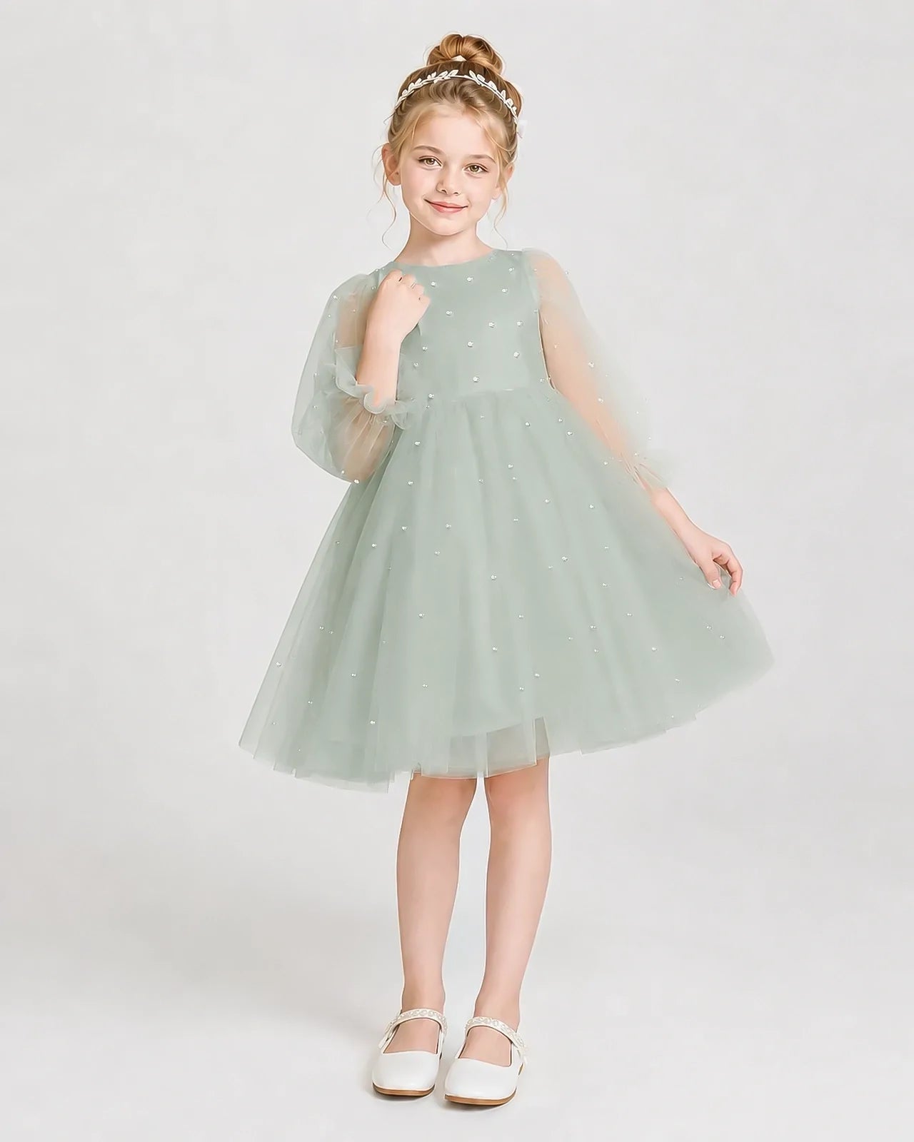 Dideyttawl Pearl Tulle Girl Formal Dress with Puff Sleeves