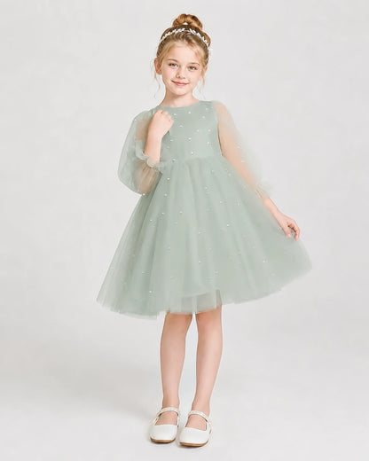 Dideyttawl Pearl Tulle Girl Formal Dress with Puff Sleeves