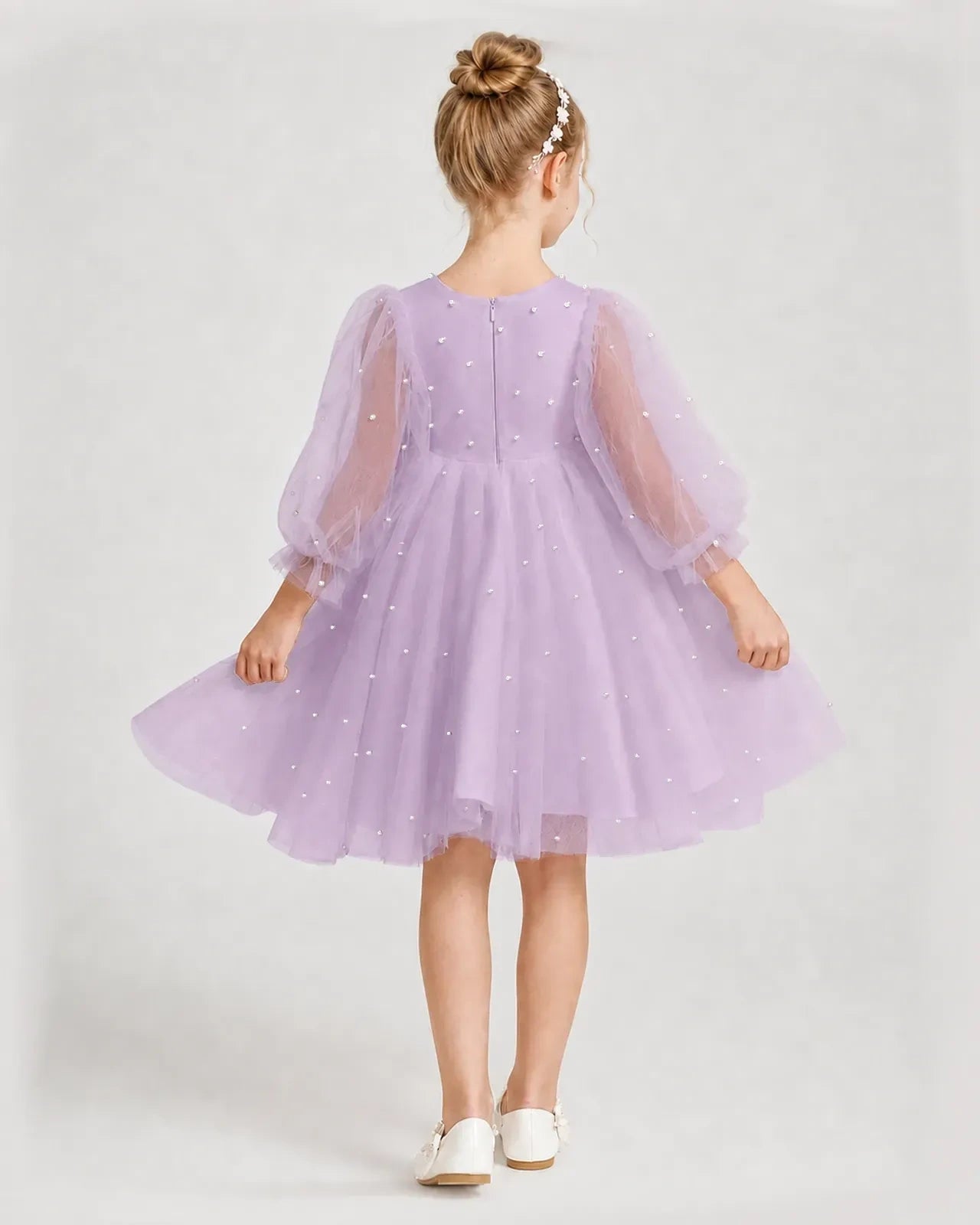 Dideyttawl Pearl Tulle Girl Formal Dress with Puff Sleeves