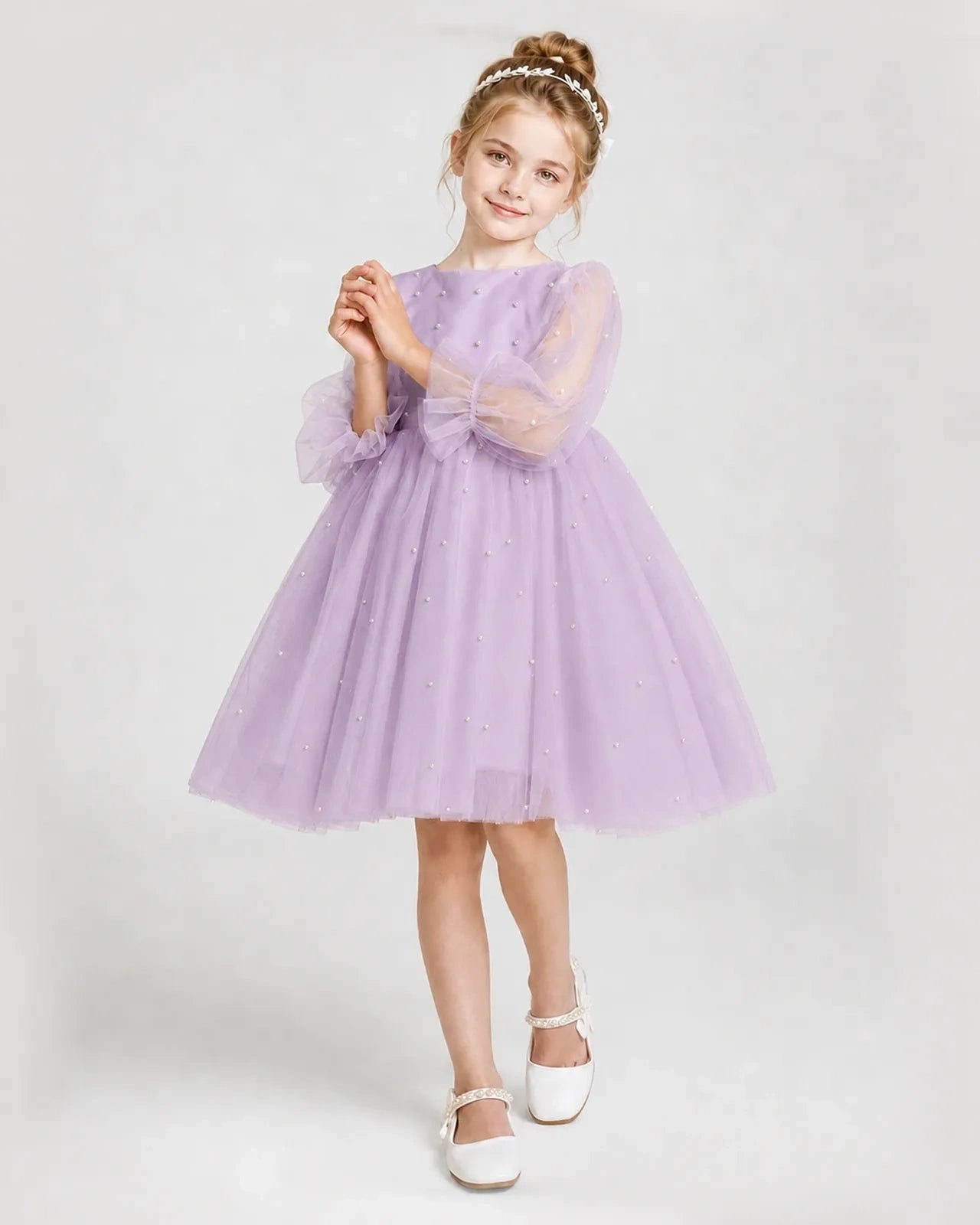 Dideyttawl Pearl Tulle Girl Formal Dress with Puff Sleeves