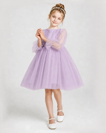 Dideyttawl Pearl Tulle Girl Formal Dress with Puff Sleeves
