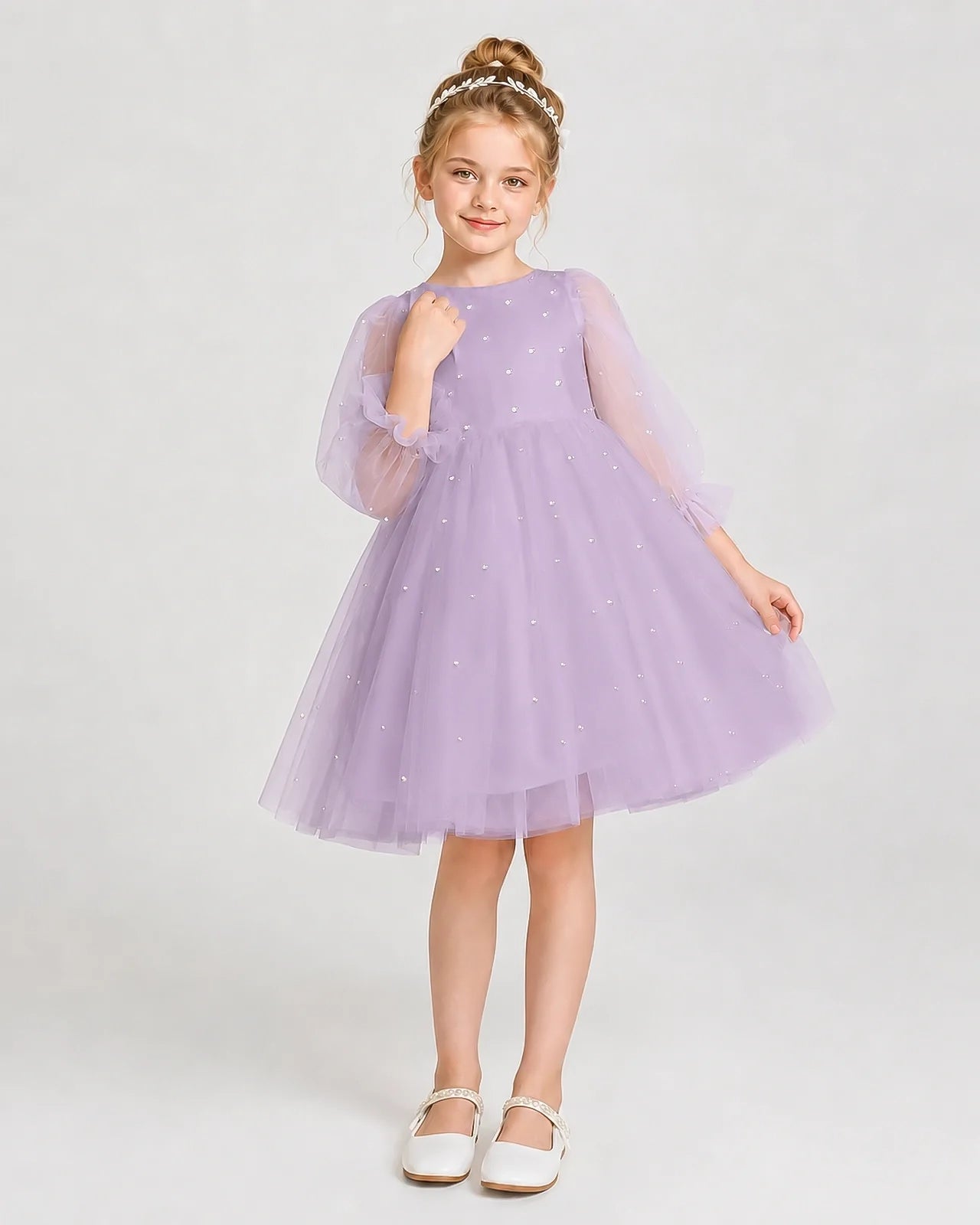 Dideyttawl Pearl Tulle Girl Formal Dress with Puff Sleeves