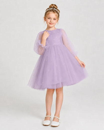 Dideyttawl Pearl Tulle Girl Formal Dress with Puff Sleeves