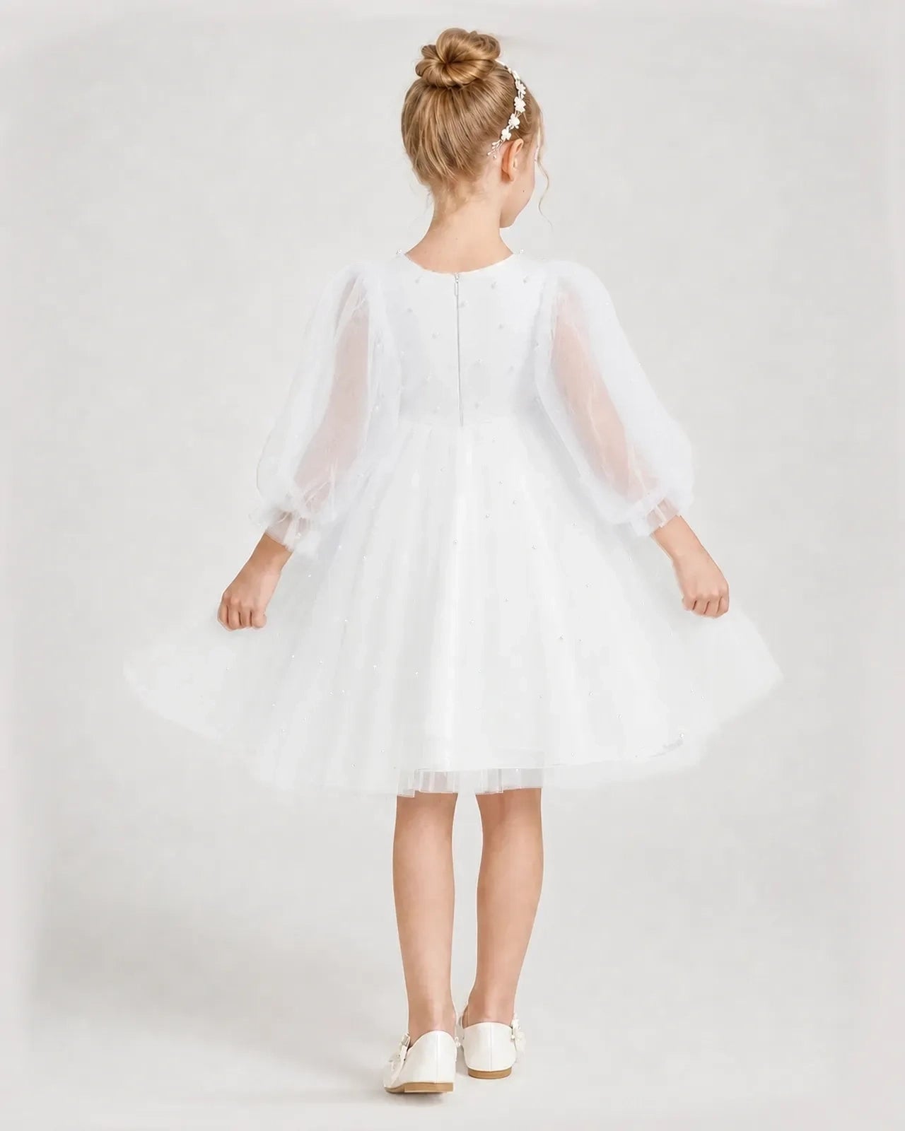 Dideyttawl Pearl Tulle Girl Formal Dress with Puff Sleeves