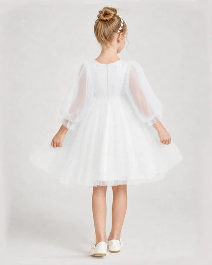 Dideyttawl Pearl Tulle Girl Formal Dress with Puff Sleeves