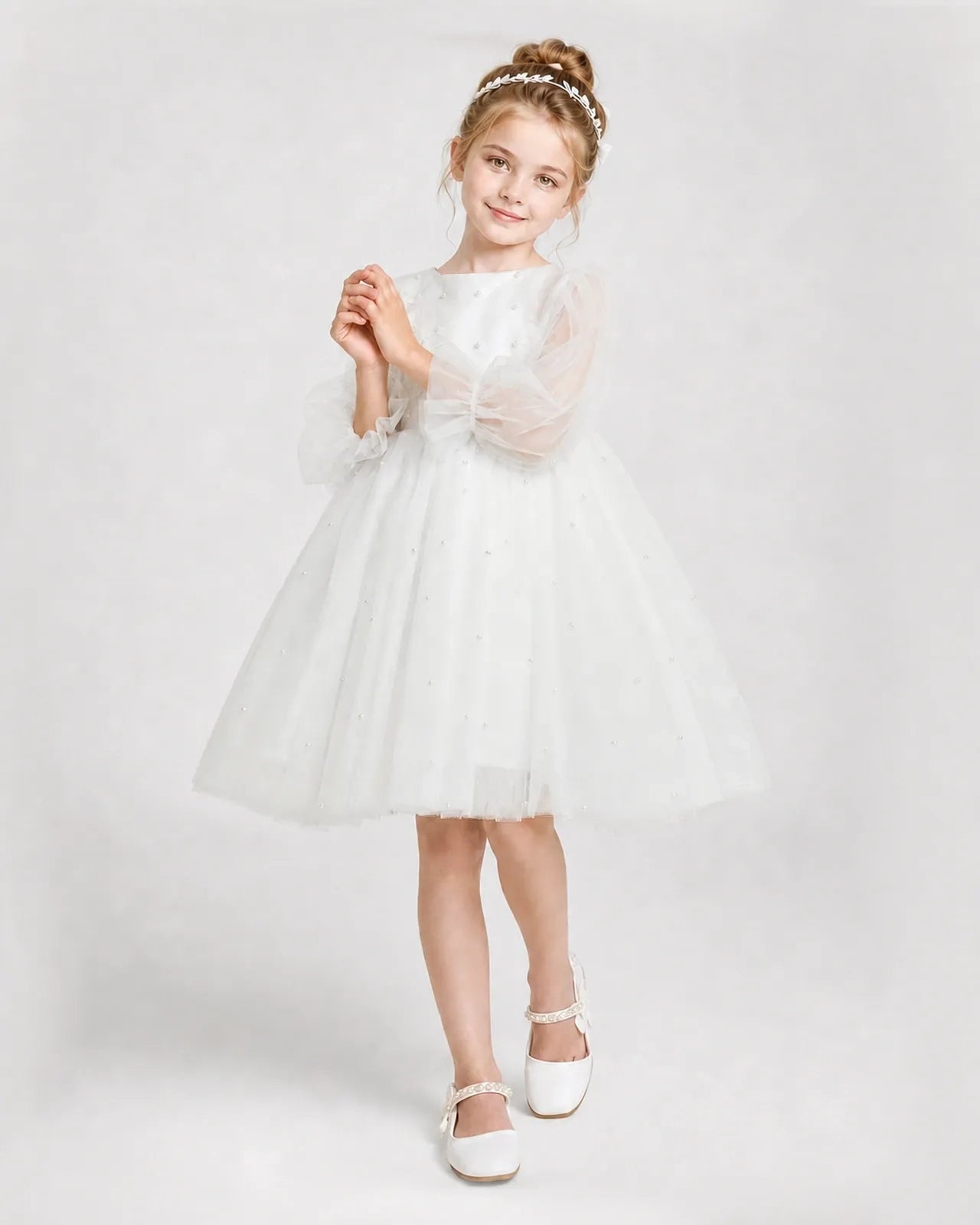 Dideyttawl Pearl Tulle Girl Formal Dress with Puff Sleeves
