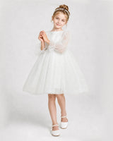 Ivory Tulle Sheer Sleeve A-Line Girls Formal Dresses Front View