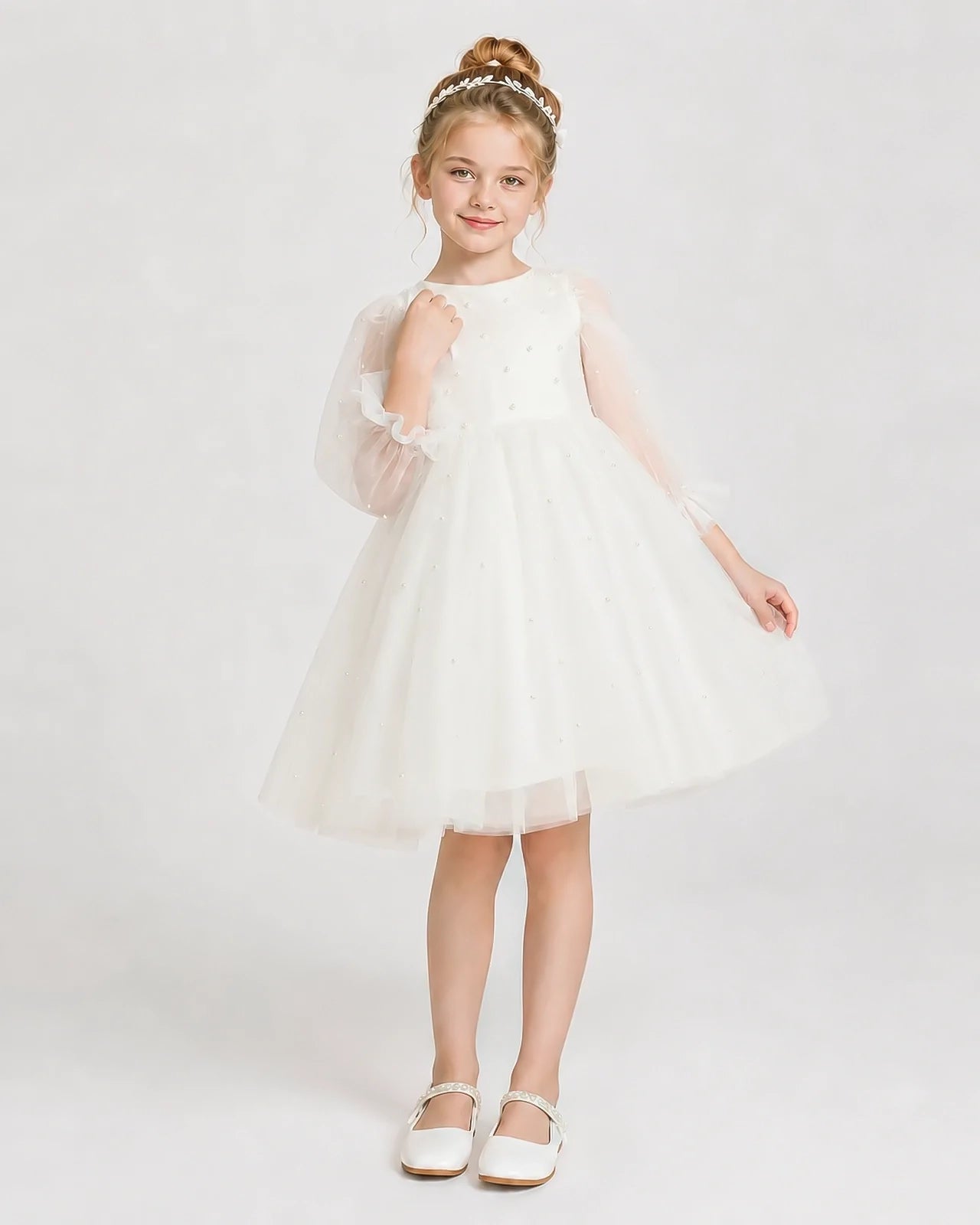 Dideyttawl Pearl Tulle Girl Formal Dress with Puff Sleeves