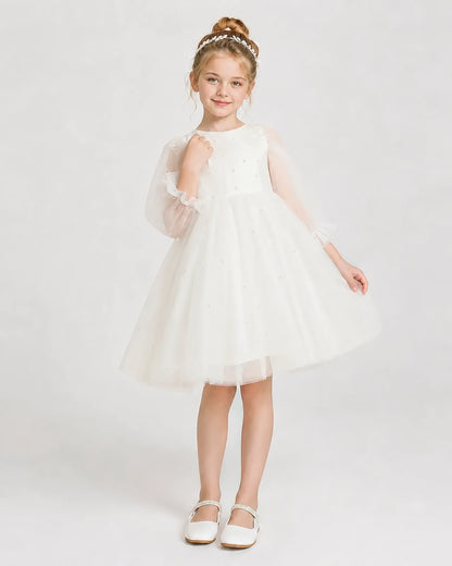 Dideyttawl Pearl Tulle Girl Formal Dress with Puff Sleeves