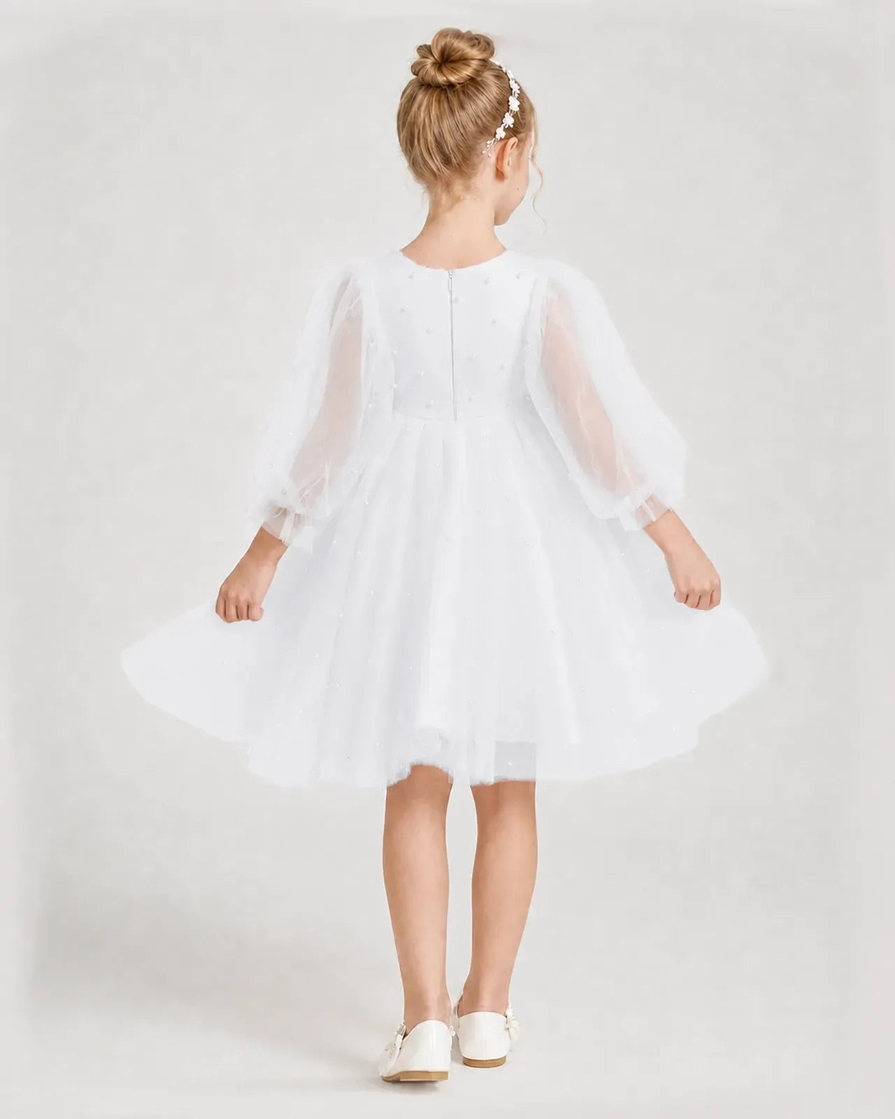 Dideyttawl Pearl Tulle Girl Formal Dress with Puff Sleeves