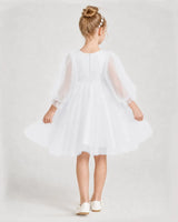 White Tulle Long Sleeve A-Line Girls Formal Dresses Back View
