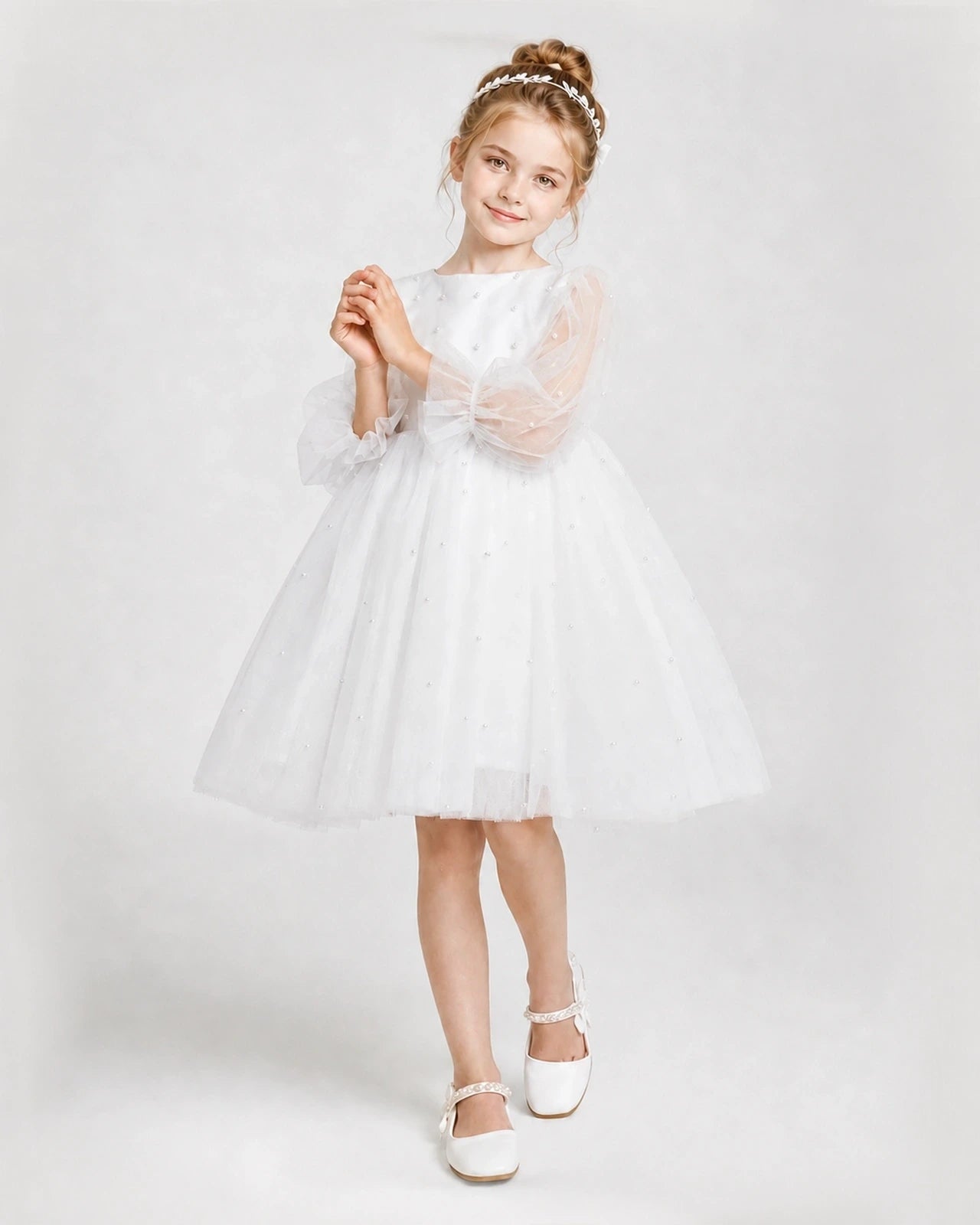 Dideyttawl Pearl Tulle Girl Formal Dress with Puff Sleeves