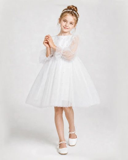 Dideyttawl Pearl Tulle Girl Formal Dress with Puff Sleeves