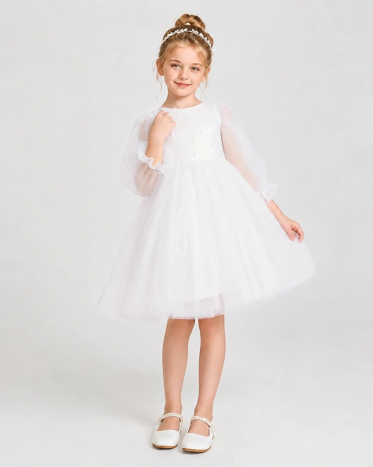 Dideyttawl Pearl Tulle Girl Formal Dress with Puff Sleeves