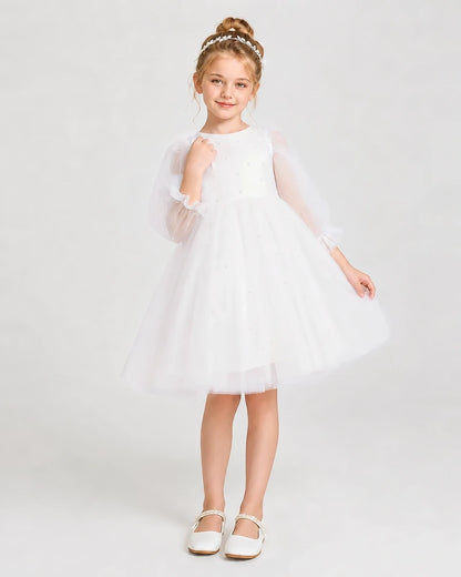 Dideyttawl Pearl Tulle Girl Formal Dress with Puff Sleeves