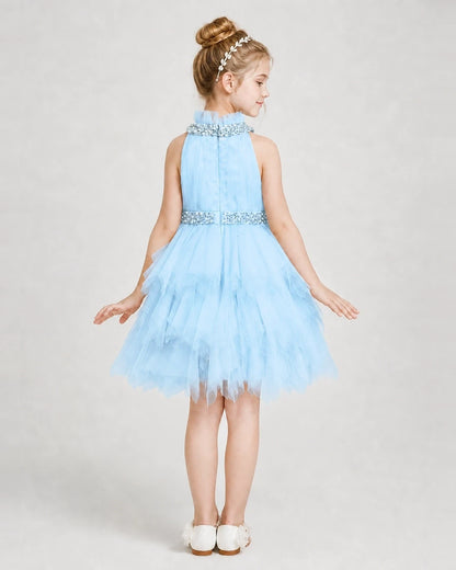 Dideyttawl Pearl High Neck Tiered Tulle Girl Formal Dress