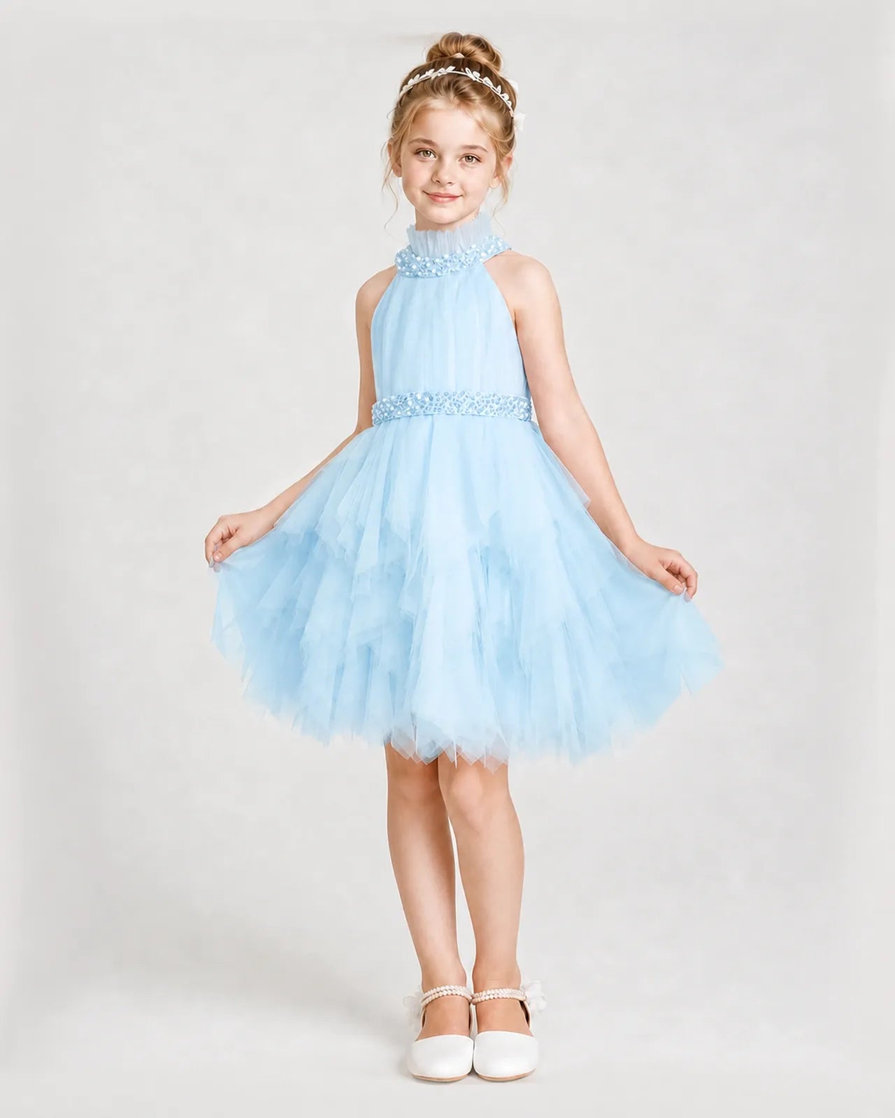 Dideyttawl Pearl High Neck Tiered Tulle Girl Formal Dress