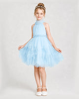 Baby Blue Tulle Halter Ruffle Girls Formal Dresses Front View