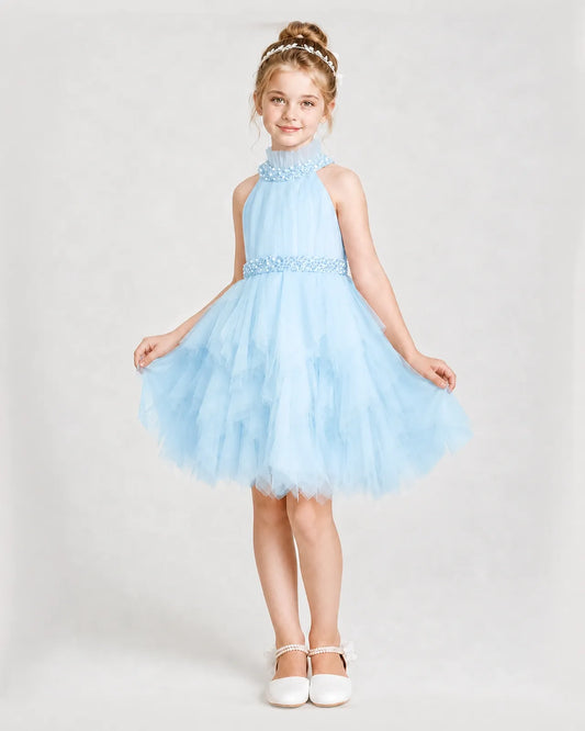 Baby Blue Tulle Halter Ruffle Girls Formal Dresses Front View