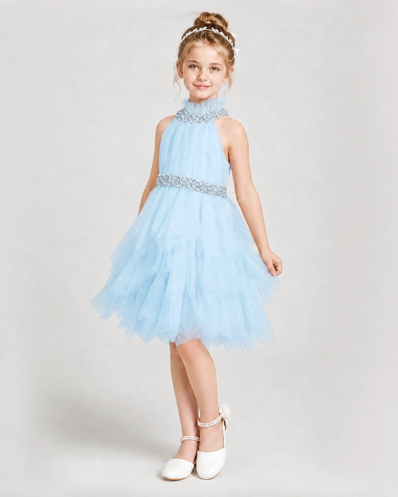 Dideyttawl Pearl High Neck Tiered Tulle Girl Formal Dress