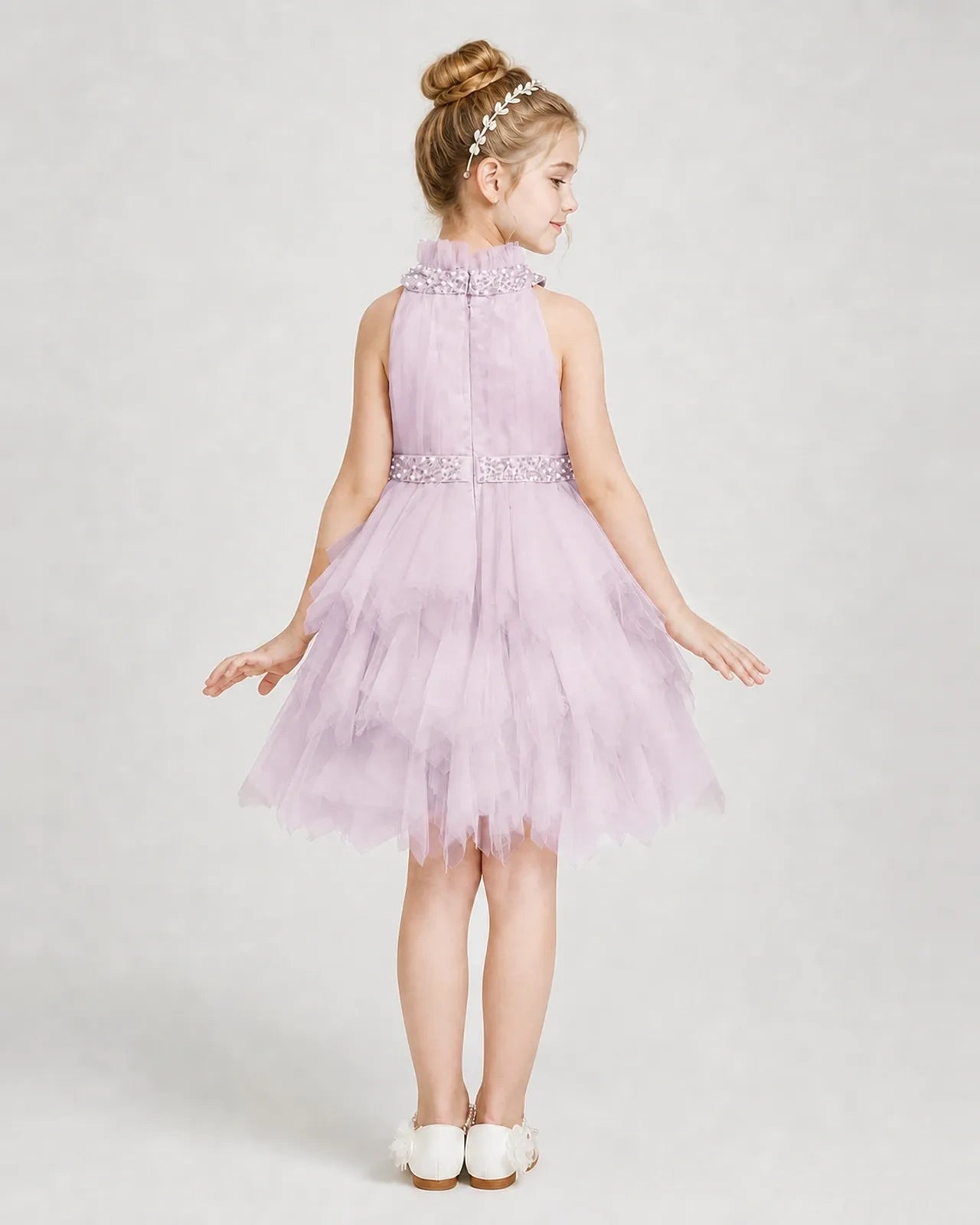 Dideyttawl Pearl High Neck Tiered Tulle Girl Formal Dress