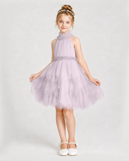 Dideyttawl Pearl High Neck Tiered Tulle Girl Formal Dress
