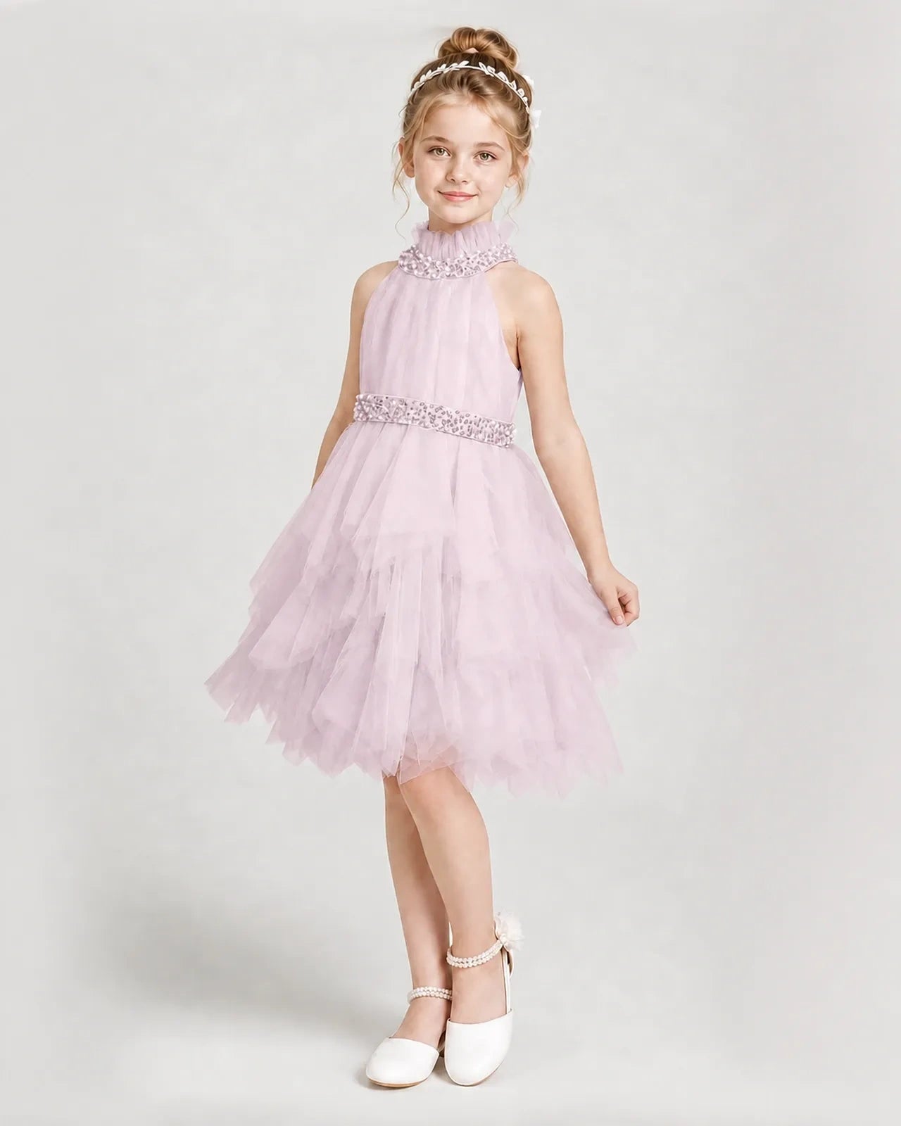 Dideyttawl Pearl High Neck Tiered Tulle Girl Formal Dress